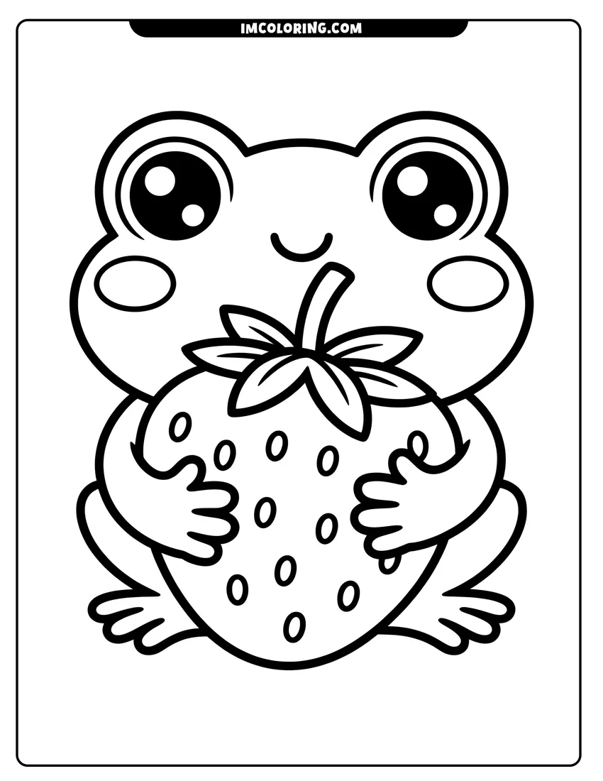Free printable coloring sheet of A cute cartoon frog with large eyes happily hugging a big strawberry with seeds and a leaf