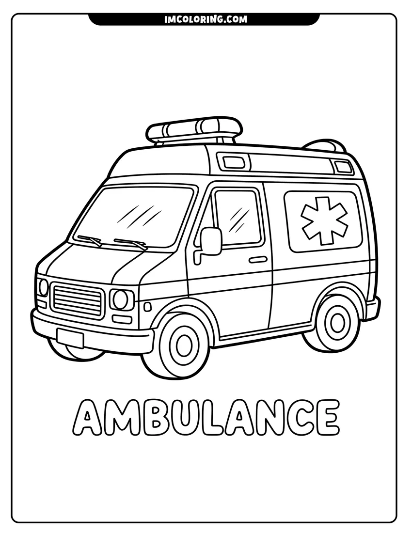 Coloring sheet featuring A line drawing of an ambulance with a medical star symbol and sirens on the roof