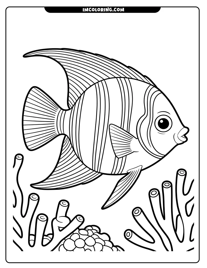 Simple sketch of A striped angelfish swimming above coral reef branches in a black and white line art illustration to color