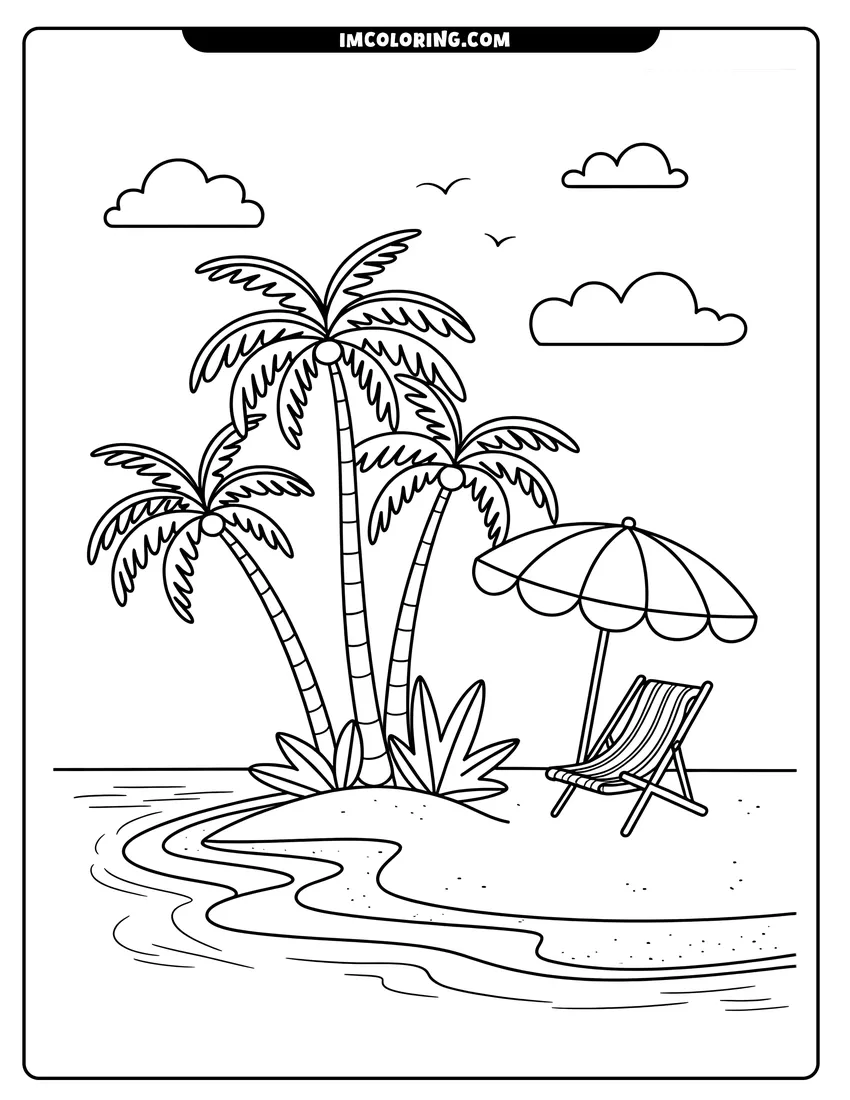 Printable coloring page of A tropical beach scene with three palm trees, a striped beach chair, and a sun umbrella by the ocean