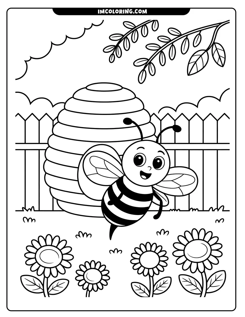 Outline drawing of A happy cartoon bee flying in front of a beehive and a garden fence with blooming sunflowers