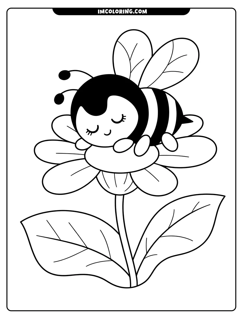PDF style coloring page: A cute bumblebee with stripes and wings sleeping peacefully on top of a large blooming flower