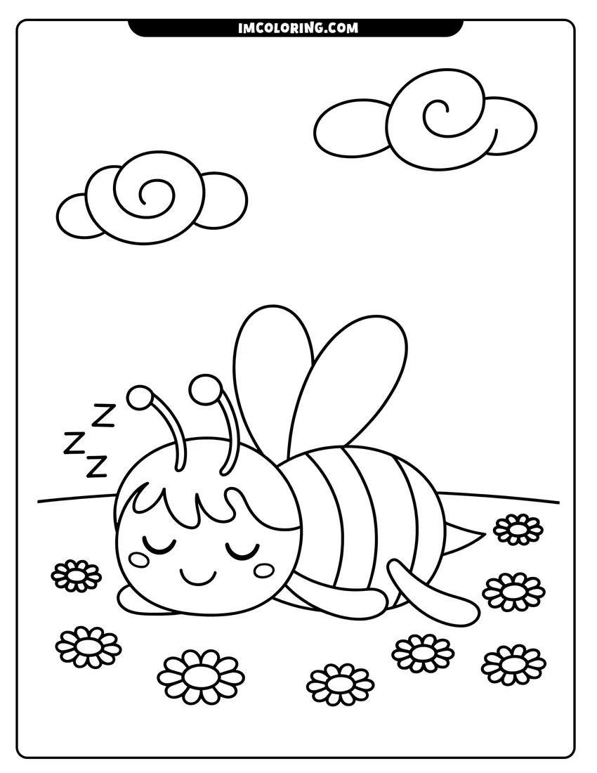 Doodle style coloring picture of A cute cartoon bee sleeping in a field of flowers with clouds in the sky