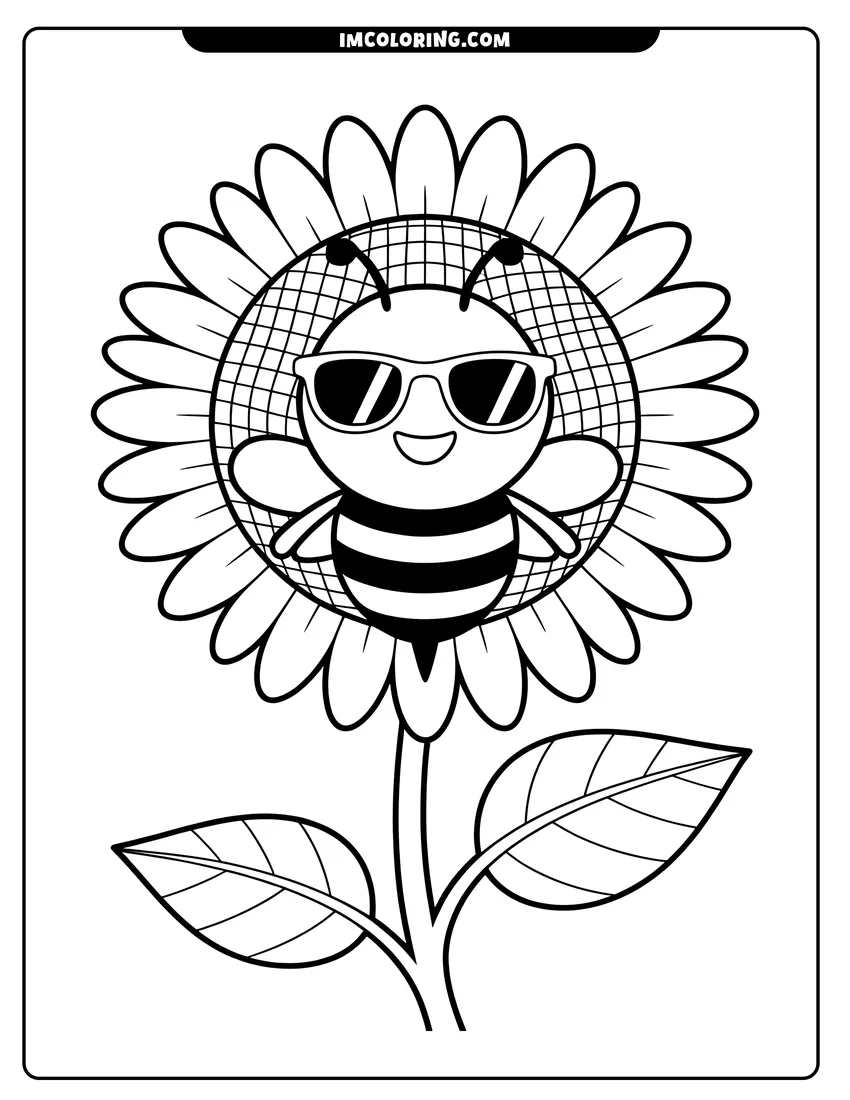 Outline drawing of A cute cartoon bee wearing sunglasses sits in the center of a large sunflower with bold outlines