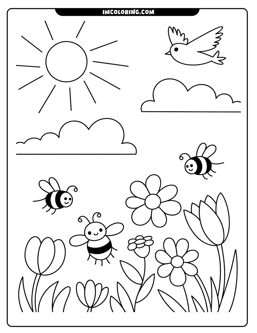 Black and white line art of Three smiling bees flying near blooming flowers under a bright sun with a bird and soft clouds
