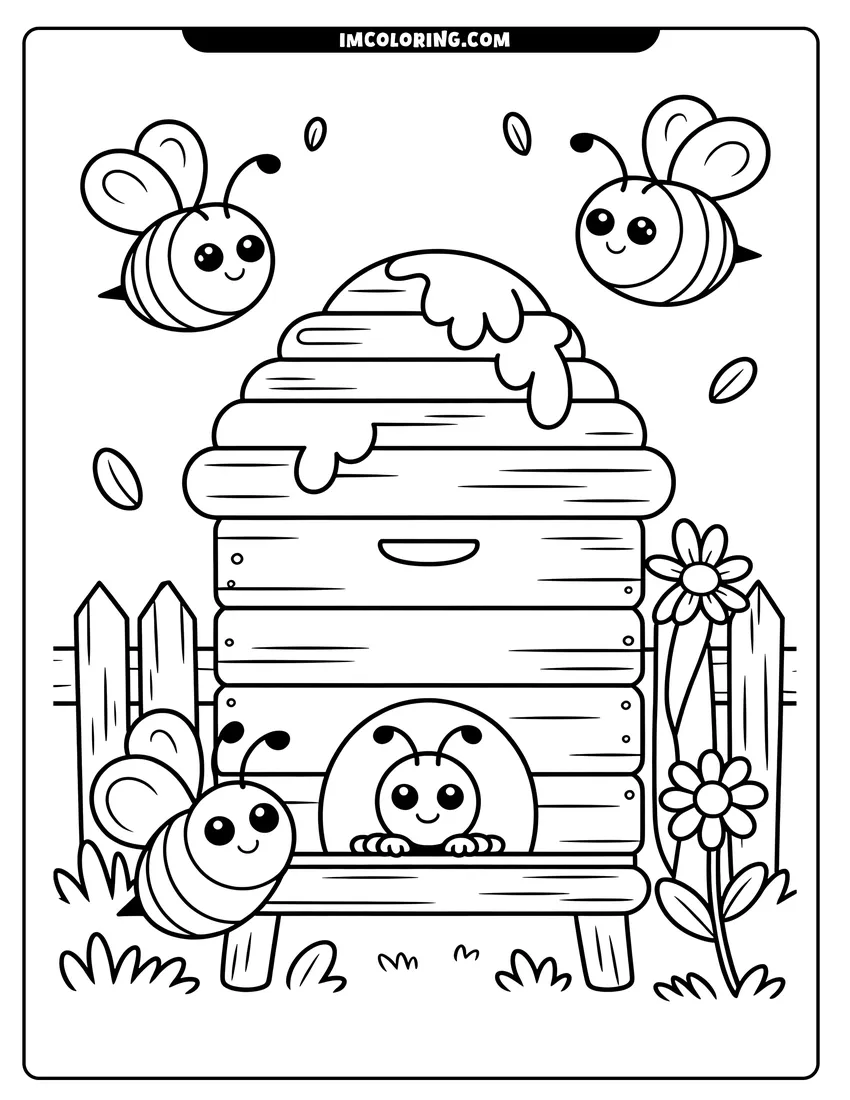 High quality printable Four cute cartoon bees with big eyes buzz around a wooden beehive dripping with honey near a fence for coloring