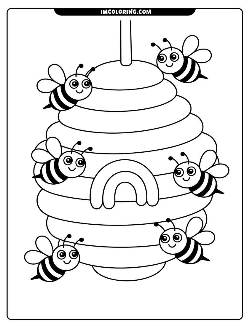Free to print drawing of Six happy cartoon bees with big eyes and stripes flying around a large rounded beehive