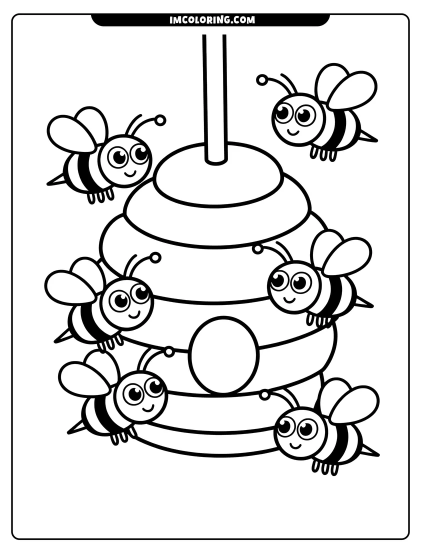 Full page coloring image of Six cartoon bees with large eyes flying around a large beehive hanging from a tree branch