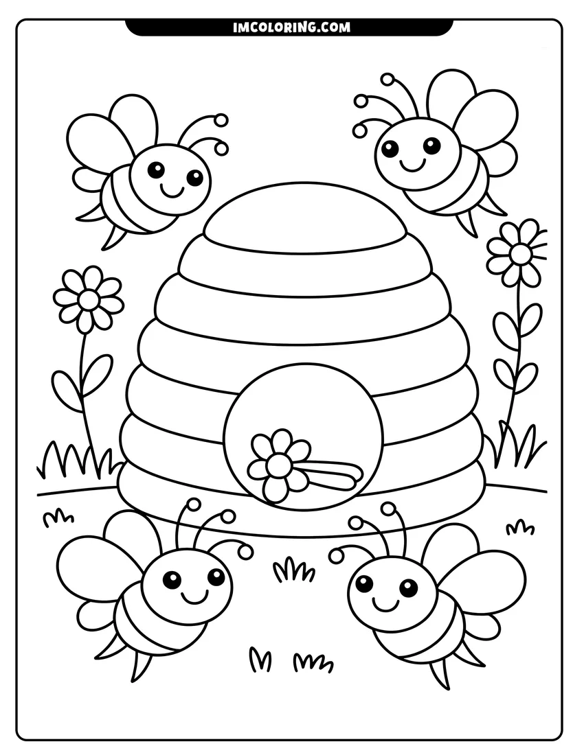 Downloadable coloring page of Four cute cartoon bees flying and crawling around a large beehive surrounded by flowers and grass