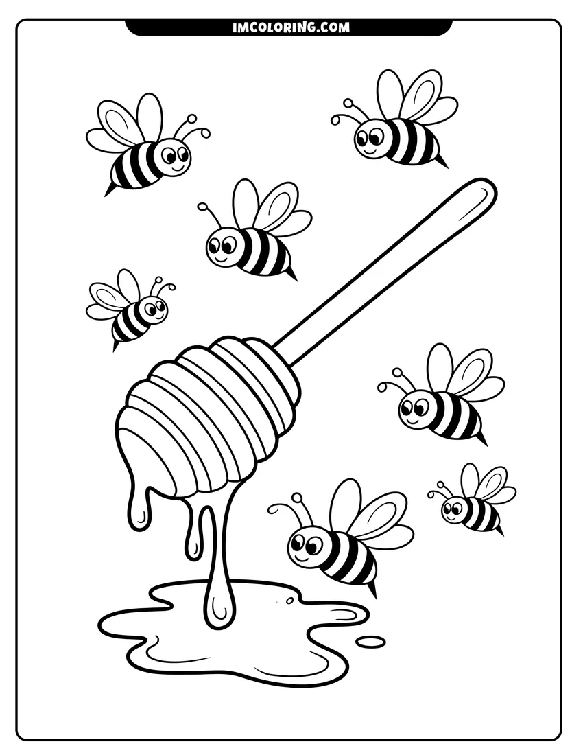 Printable line art of Seven small cartoon bees flying around a wooden honey dipper dripping honey into a sticky golden puddle