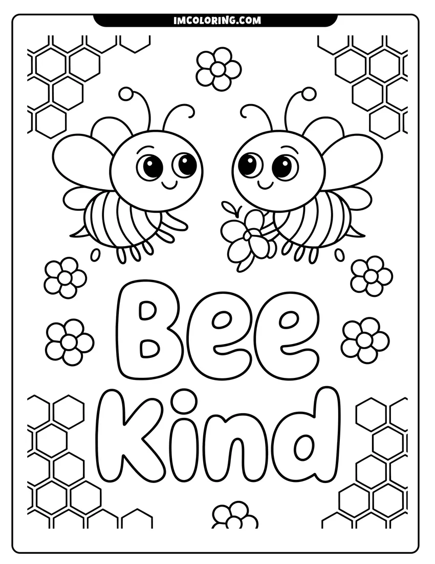Vector style outline of Two smiling cartoon bees flying above the words Bee Kind surrounded by honeycombs and small flowers