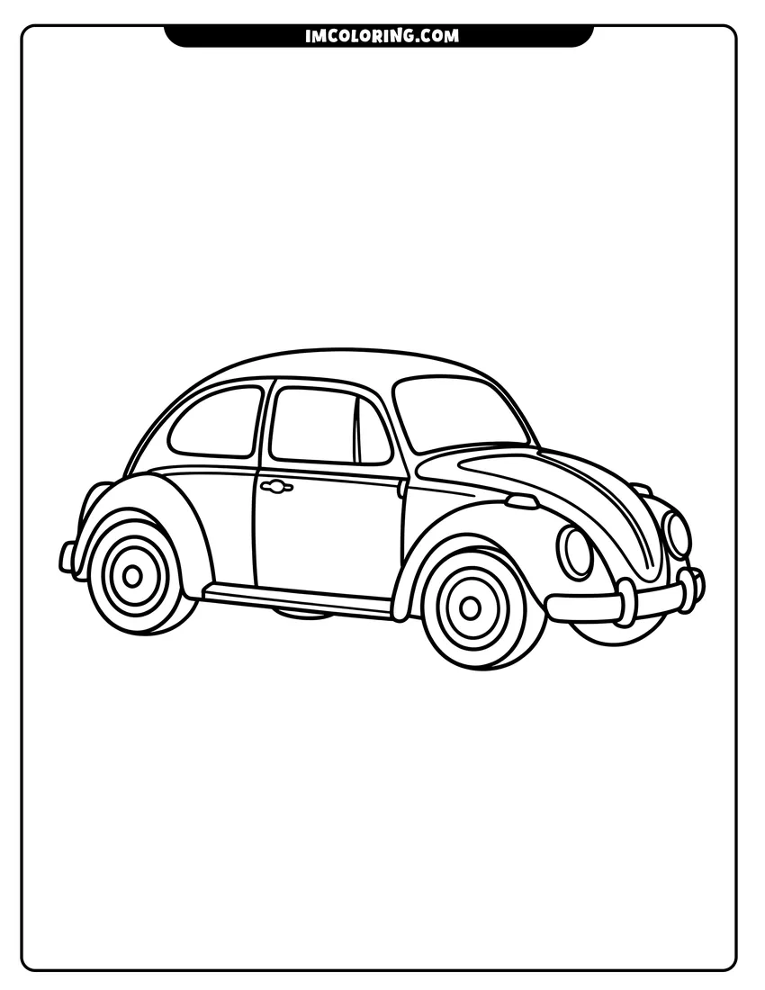 Downloadable coloring page of A black and white line drawing of a classic beetle-style car from a side perspective view