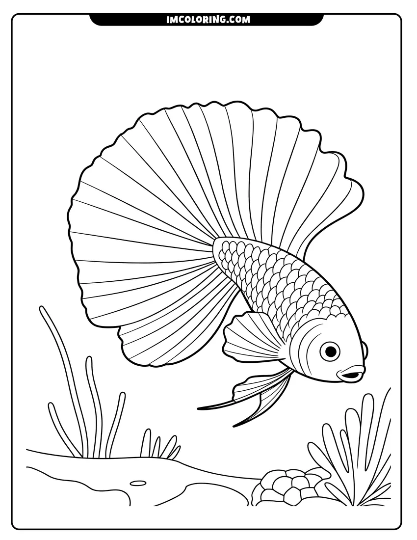 Outline drawing of A detailed line drawing of a Betta fish with large flowing fins swimming near underwater plants and coral