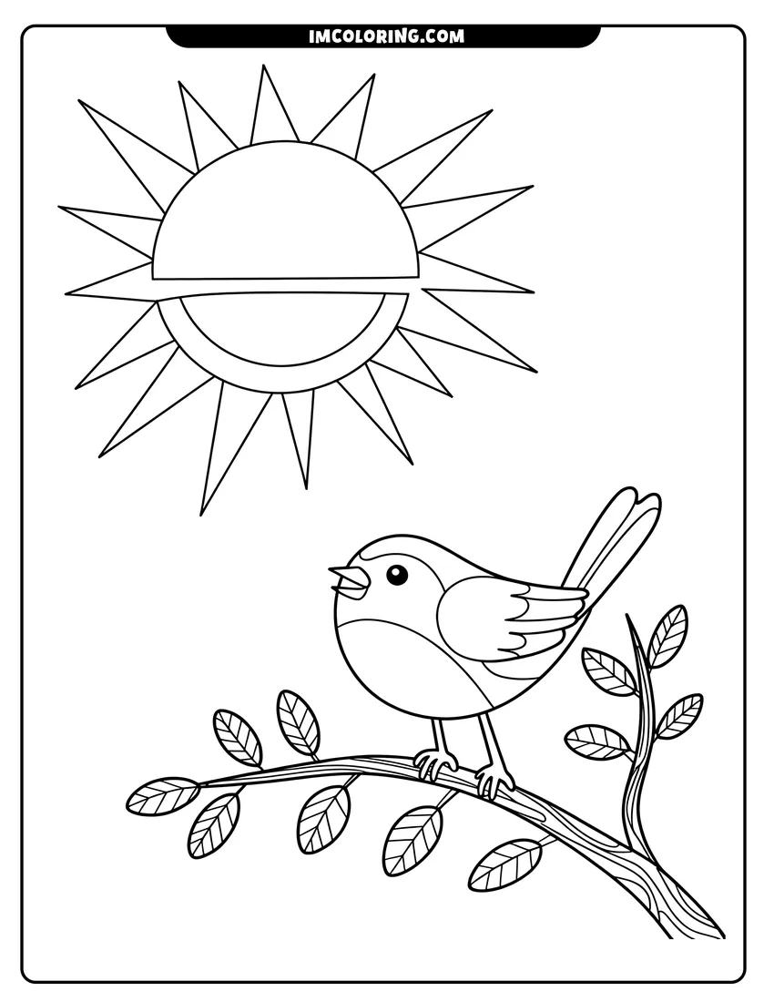 Full page coloring image of A small bird sits on a leafy tree branch with a large sun shining in the background