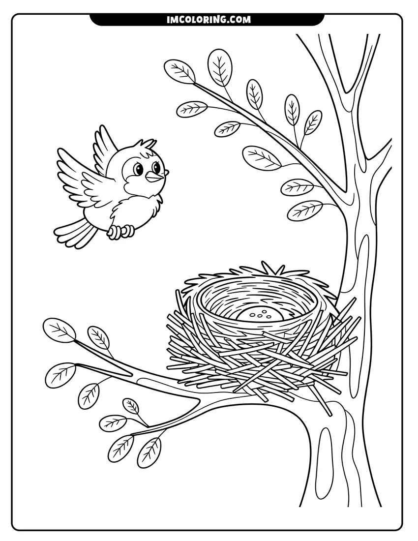 Vector style outline of A cute cartoon bird flying toward a nest containing a single egg inside a leafy tree