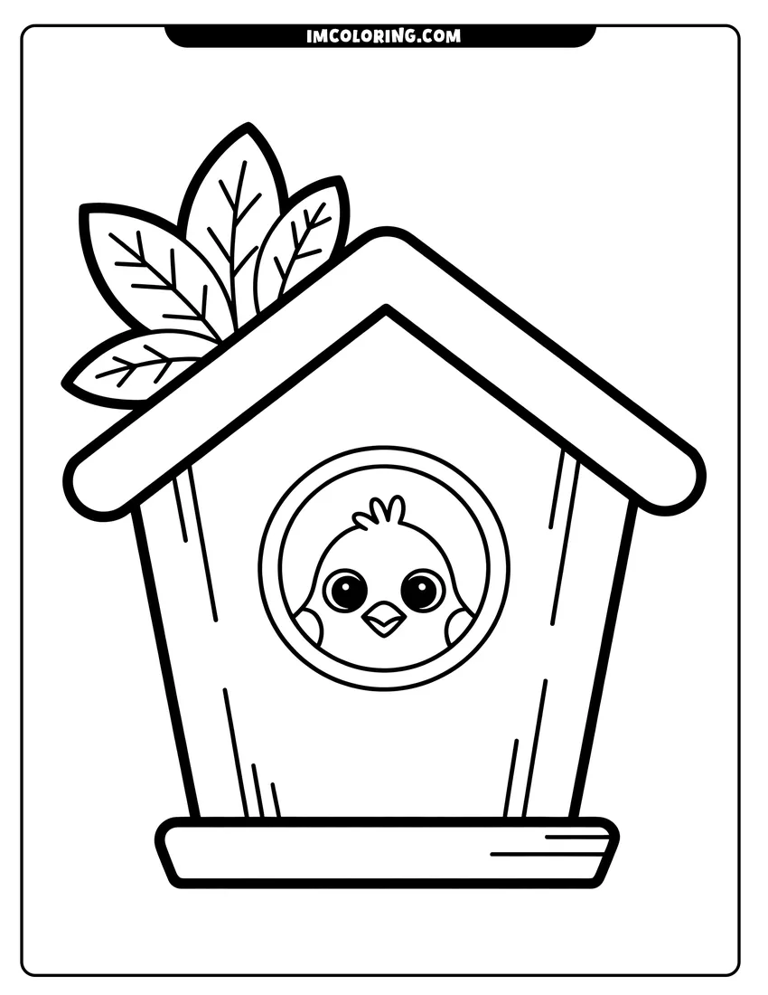Printable line art of A cute baby bird with big eyes peeking out from a wooden birdhouse with leaves on top