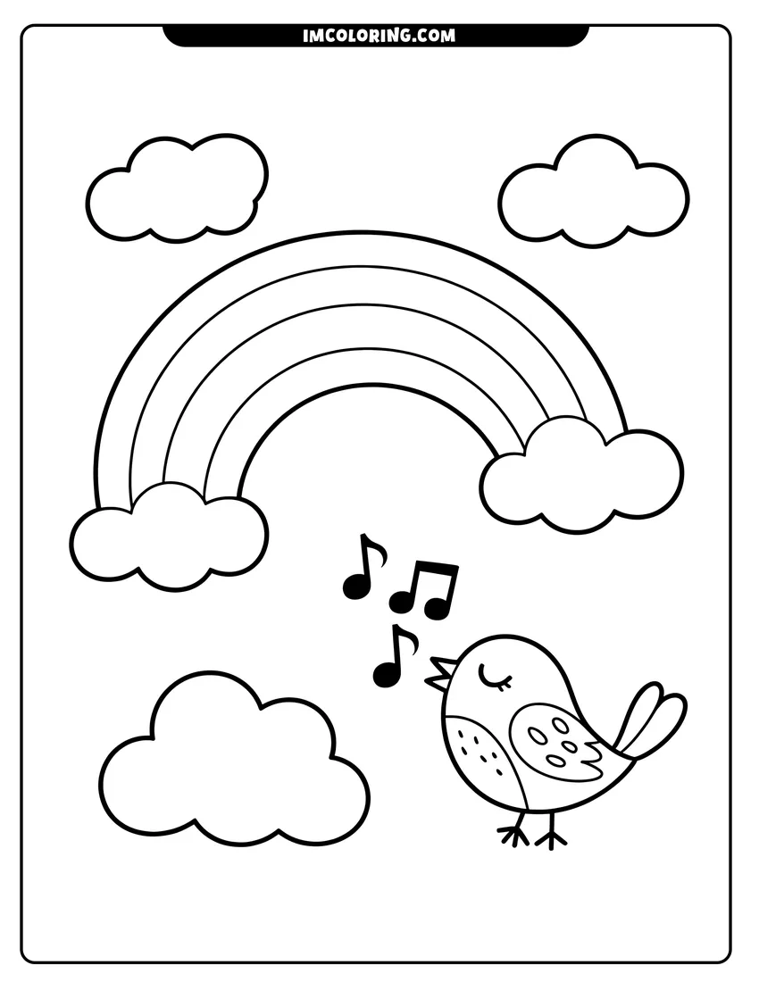 Free printable coloring sheet of A small cute bird singing music notes under a large rainbow and fluffy clouds in the sky