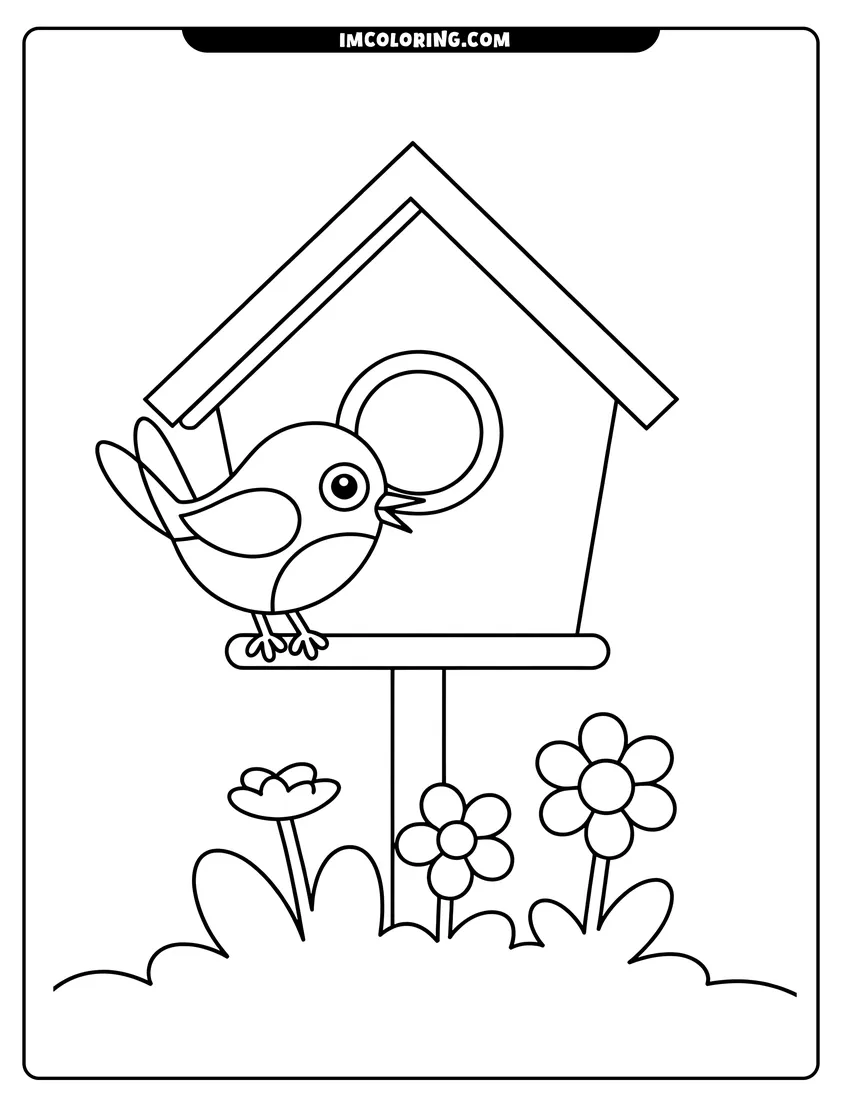 Downloadable coloring page of A small cartoon bird perching on a wooden birdhouse surrounded by blooming flowers in a garden