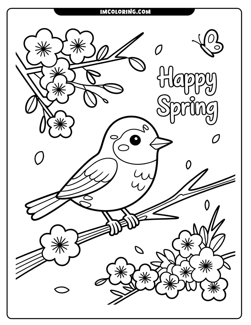 Downloadable coloring page of A cute bird perched on a blooming flower branch with a butterfly and Happy Spring text