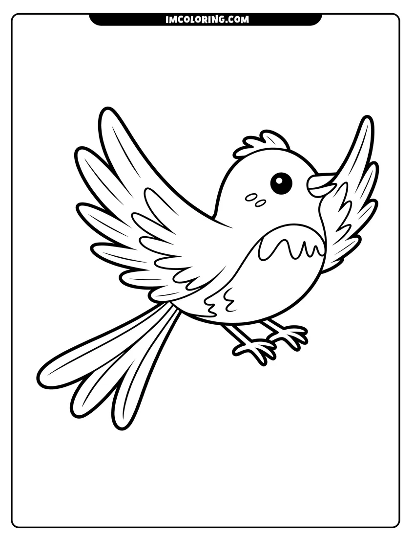 Coloring sheet featuring A cute cartoon bird flying with its wings spread wide and a happy expression on its face