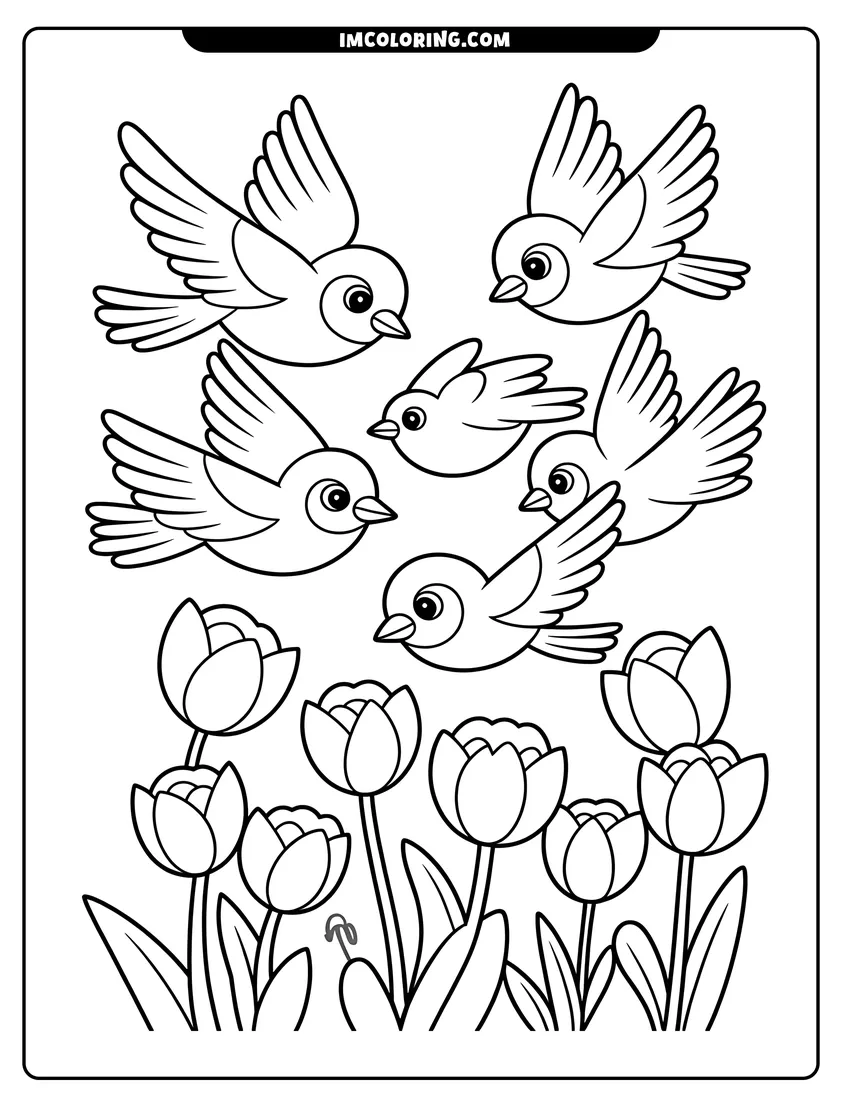 Doodle style coloring picture of Five cute cartoon birds flying over a row of blooming tulip flowers in a spring garden