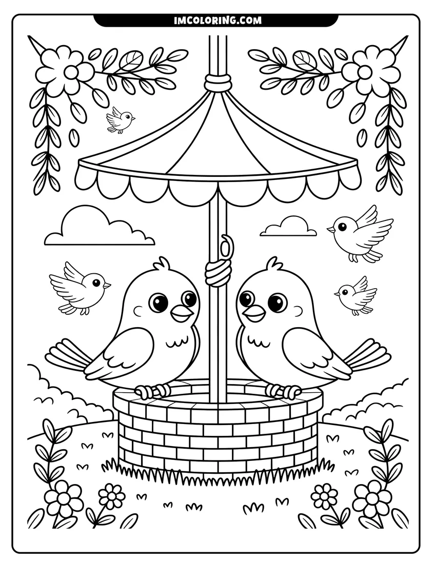 Free to print drawing of Two cute birds sitting on a stone well with a striped umbrella and small flying birds nearby