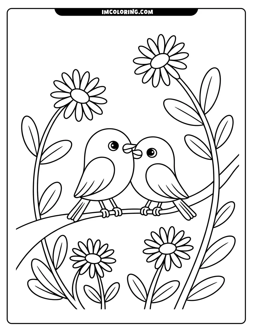 Vector style outline of Two cute cartoon birds perched on a branch surrounded by large daisy-like flowers and green leaves