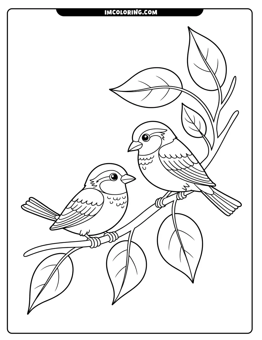 Coloring sheet featuring Two small birds with detailed feathers sitting together on a branch with large green leaves