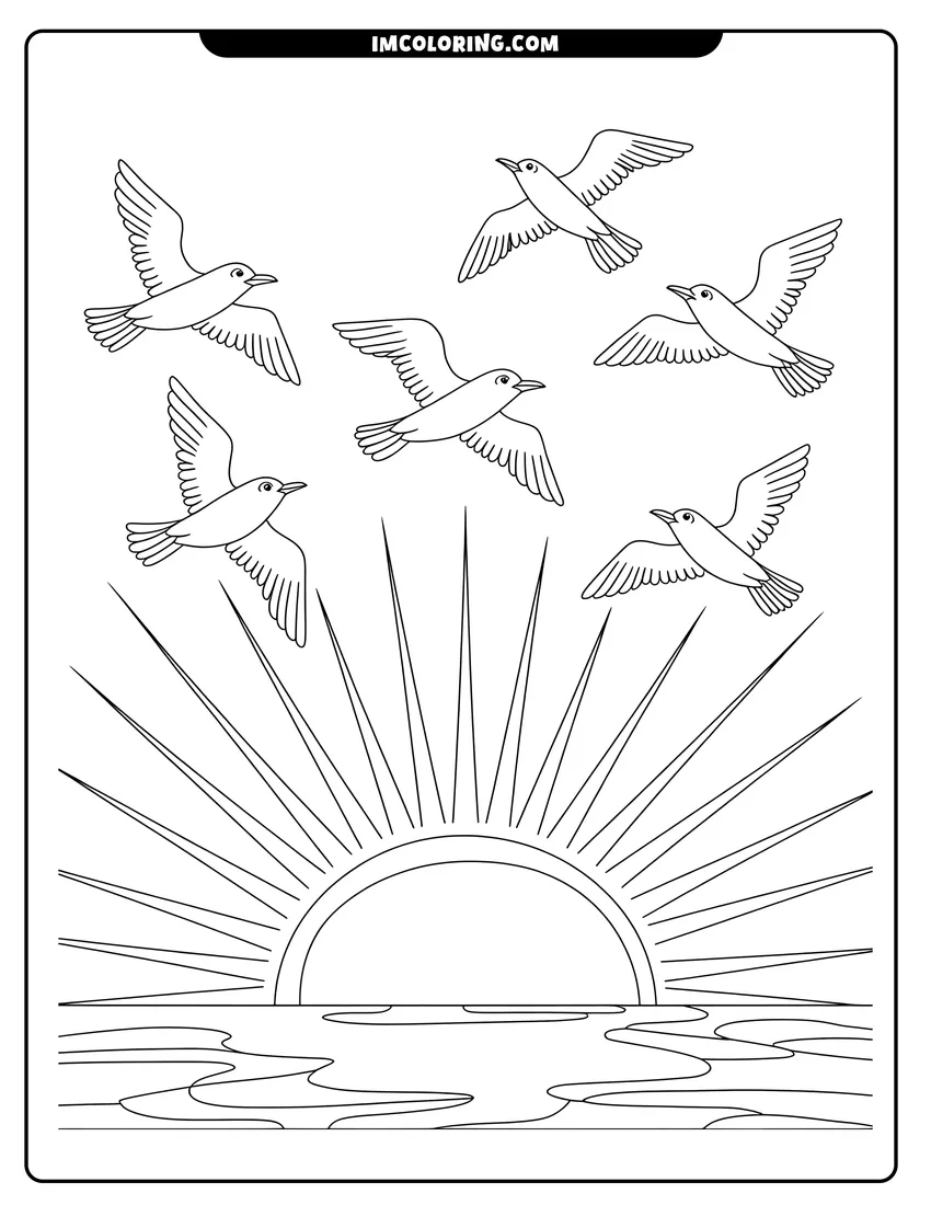 Coloring page of A flock of seagulls flying in the sky above a rising sun over calm ocean waves