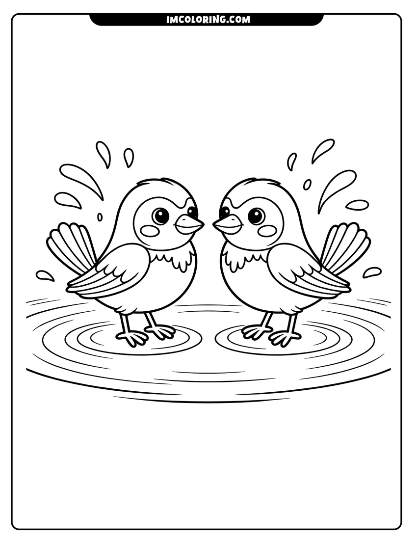 Printable coloring page of Two cute cartoon birds standing in a puddle with water droplets splashing all around them