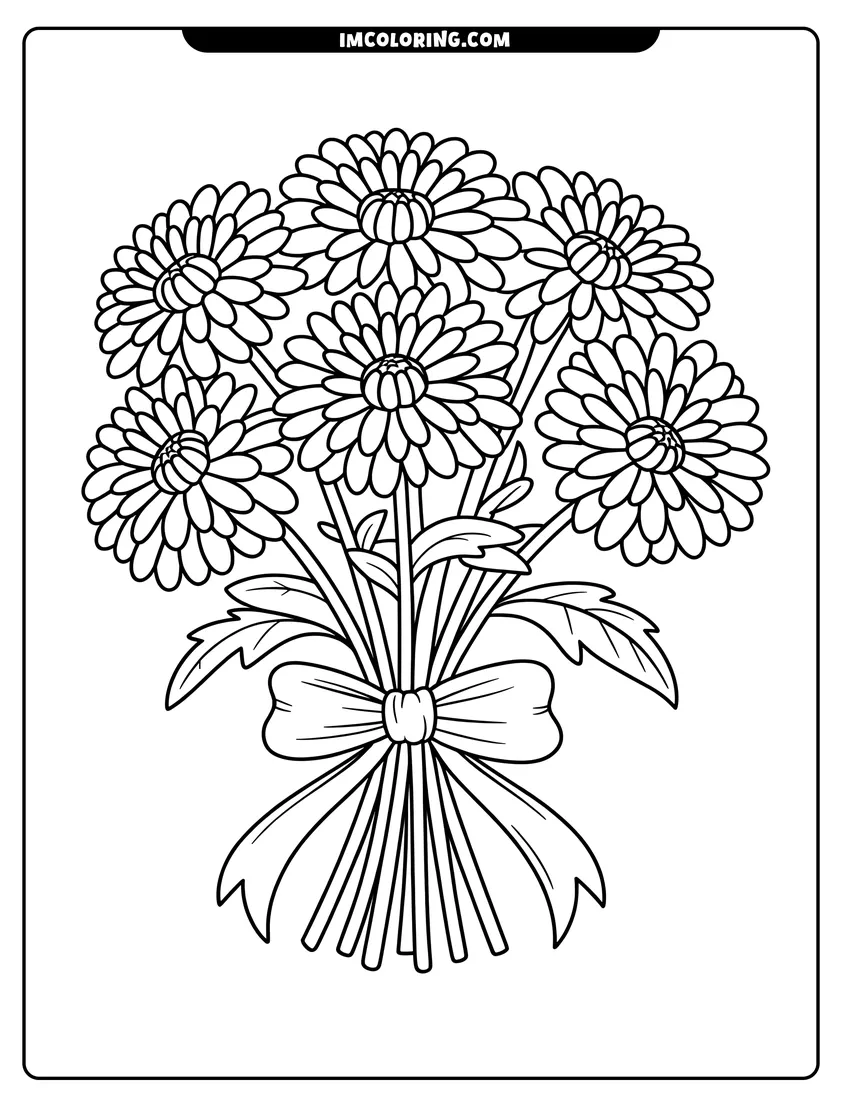 High quality printable A hand-drawn bouquet of seven large flowers with detailed petals tied at the stems with a ribbon bow for coloring