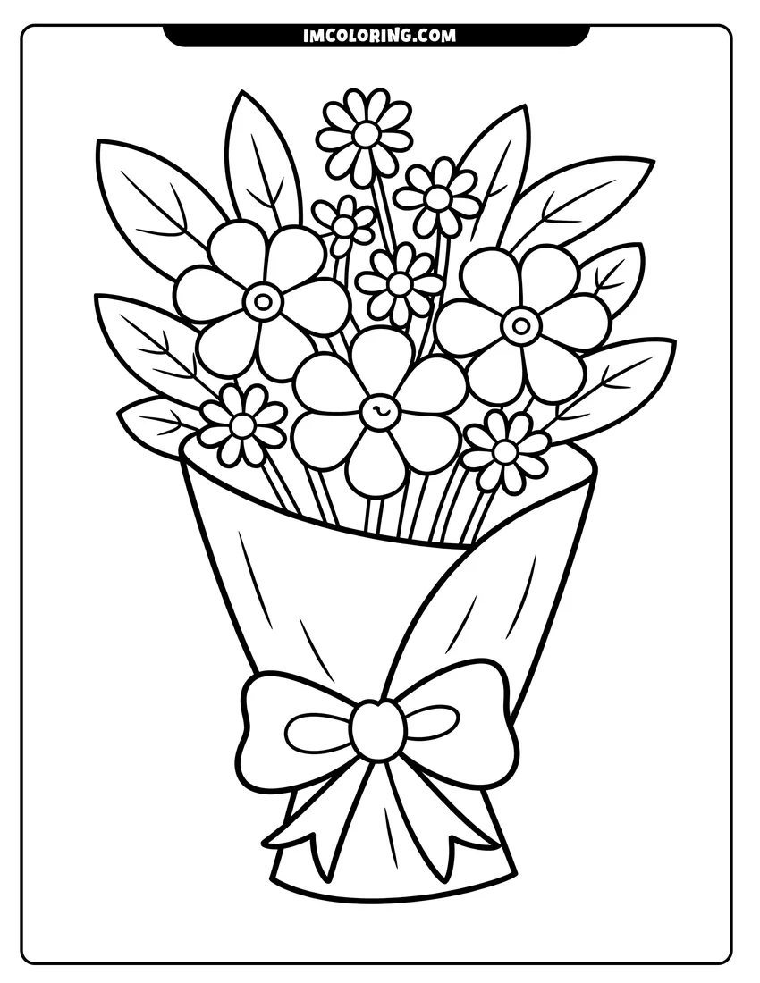 Black and white line art of A hand-drawn bouquet of various daisies and flowers wrapped in paper with a large decorative bow