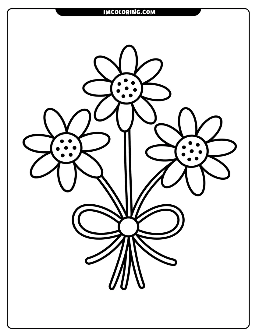PDF style coloring page: A simple line drawing of three daisy flowers tied together with a ribbon bow in the center