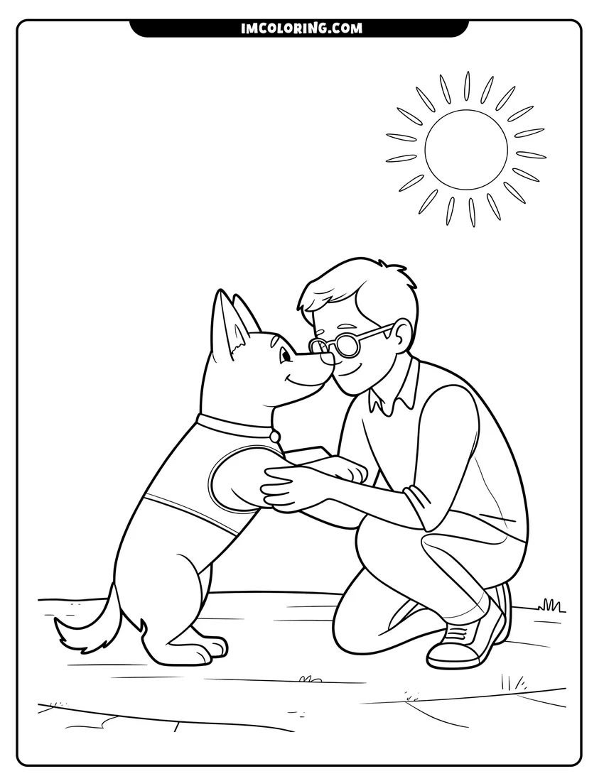 Clean line drawing: A boy wearing glasses kneels down to touch noses with a happy dog under a bright sun