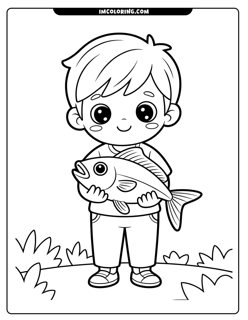 Coloring page for kids: A happy young boy standing outdoors and holding a large fish with both hands