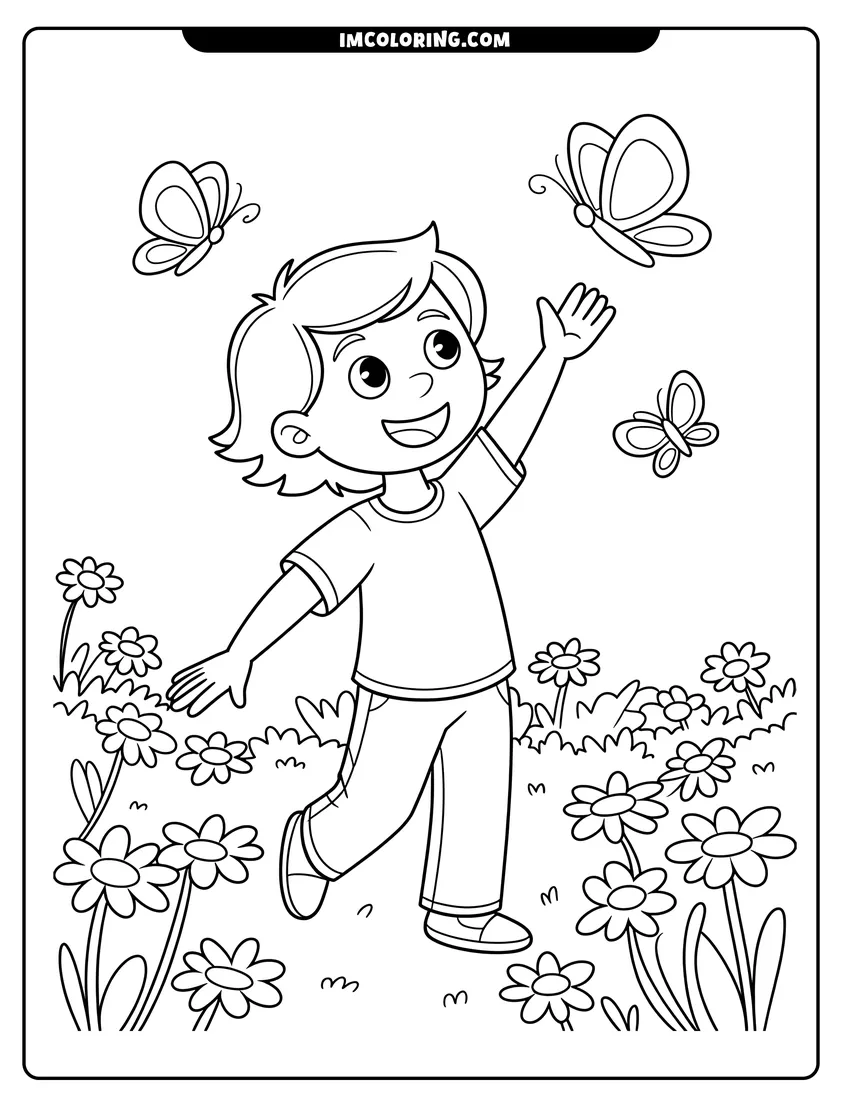 Free to print drawing of A young boy reaching for butterflies while walking through a field of flowers on a sunny day