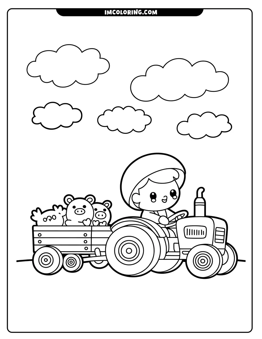 Coloring page of A young boy driving a tractor with a trailer carrying two pigs and a chicken under clouds