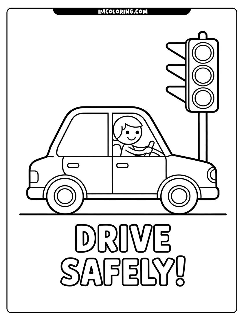 Doodle style coloring picture of A smiling person driving a small car next to a tall traffic light with "Drive Safely" text