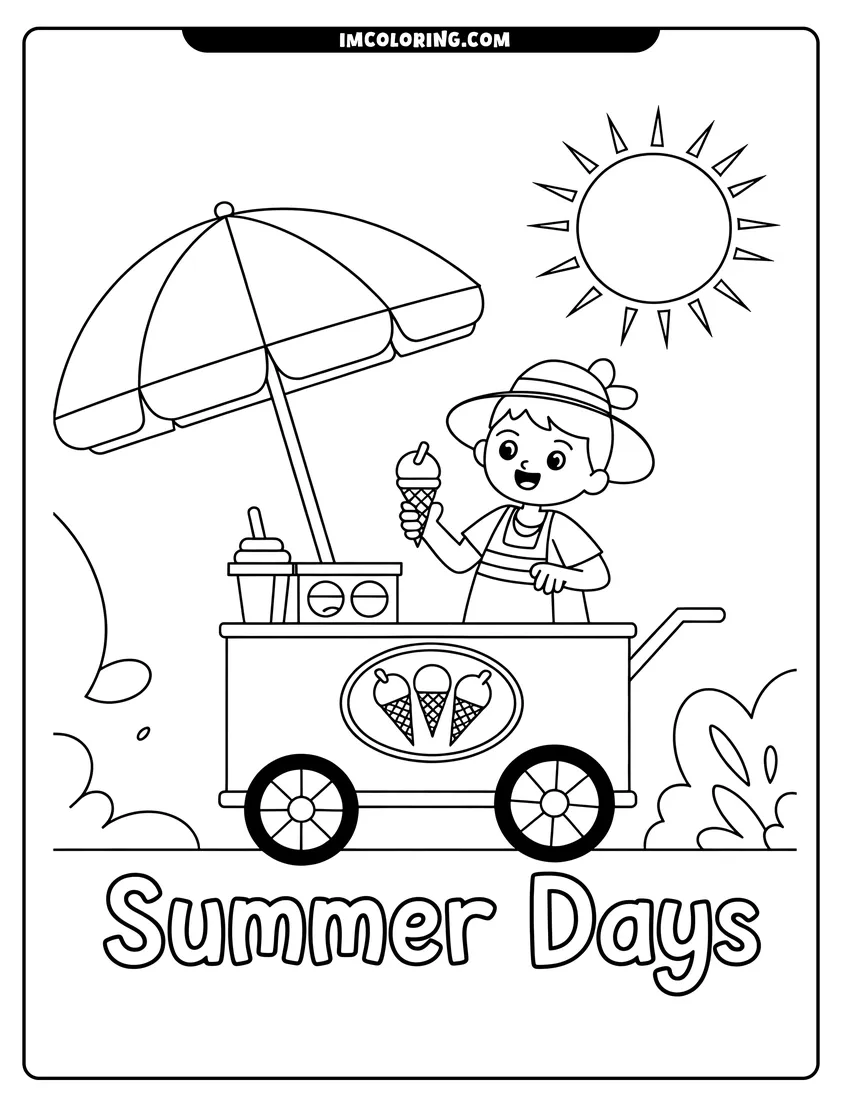 Full page coloring image of A happy boy standing behind an ice cream cart holding a cone under a bright sun