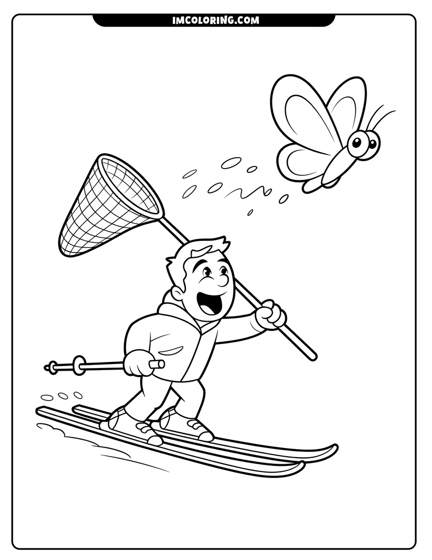 Clean line drawing: A happy boy skiing down a hill while holding a net to catch a flying butterfly