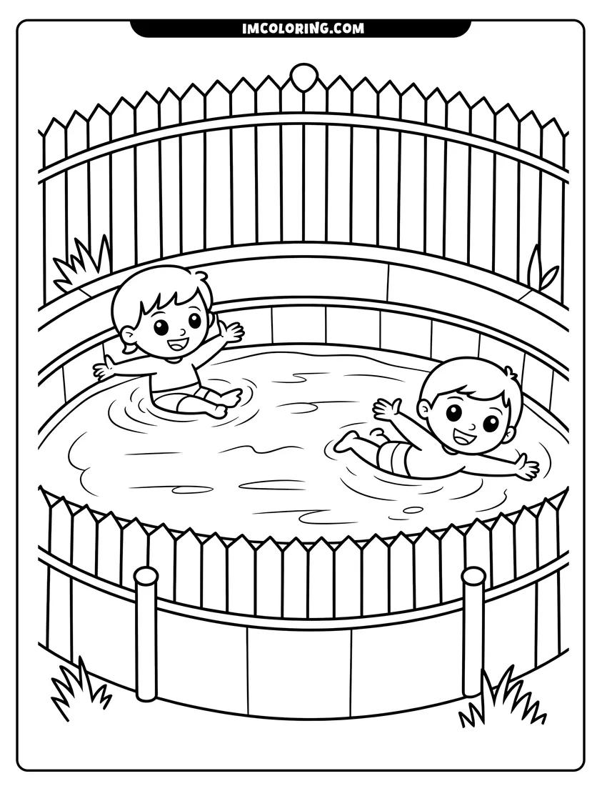 Linear illustration of Two young boys swimming and splashing in a round backyard swimming pool surrounded by a wooden fence