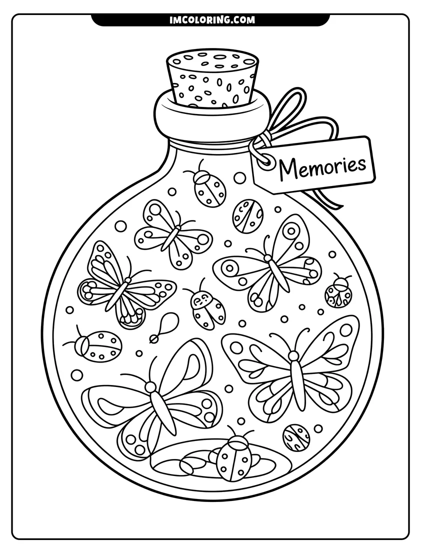 Coloring page of Five detailed butterflies and several ladybugs inside a glass jar labeled memories with a cork and bow