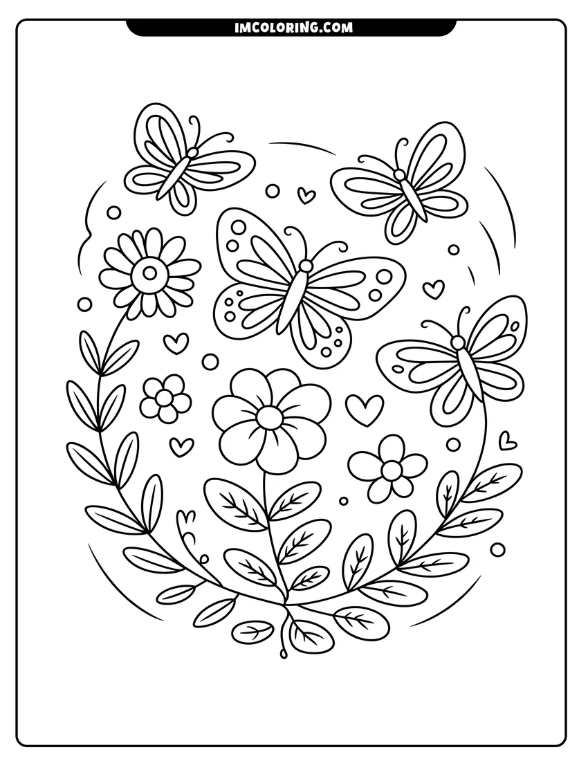 Vector style outline of Four patterned butterflies flying around blooming flowers and small hearts in a whimsical summer garden scene