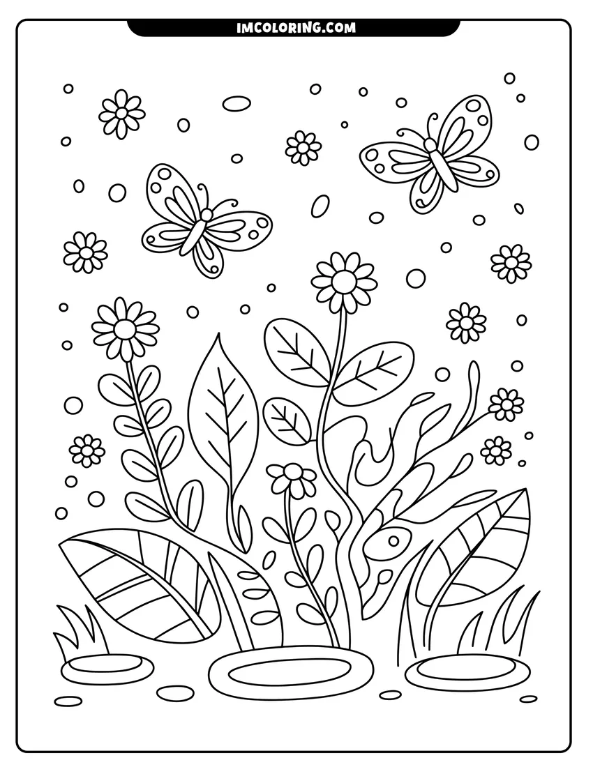 Coloring sheet featuring Two butterflies flying above tall flowers and leaves in a garden with small floating bubbles and petals