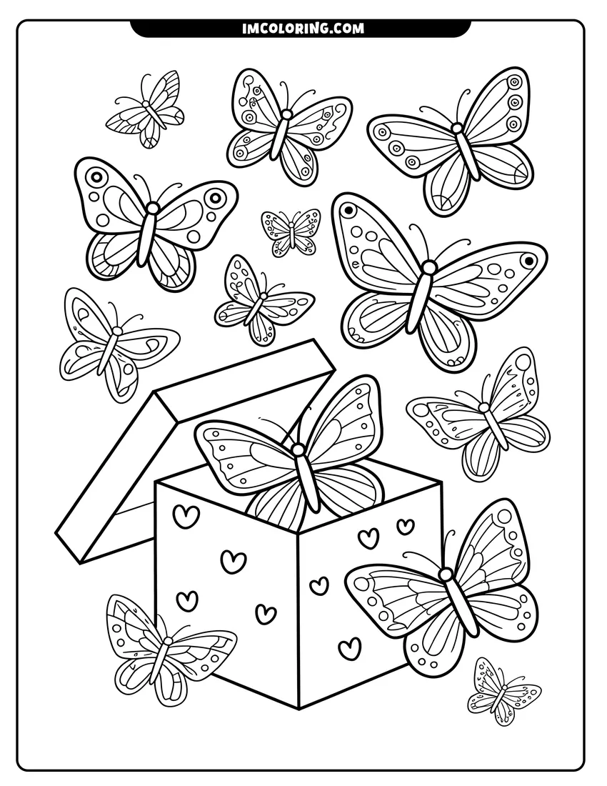 Vector style outline of Many butterflies with patterned wings fly out of an open gift box decorated with small heart shapes