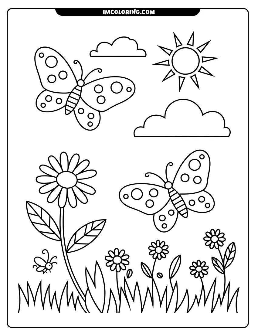 Doodle style coloring picture of Two butterflies with spotted wings fly above a field of flowers under a bright sun and clouds