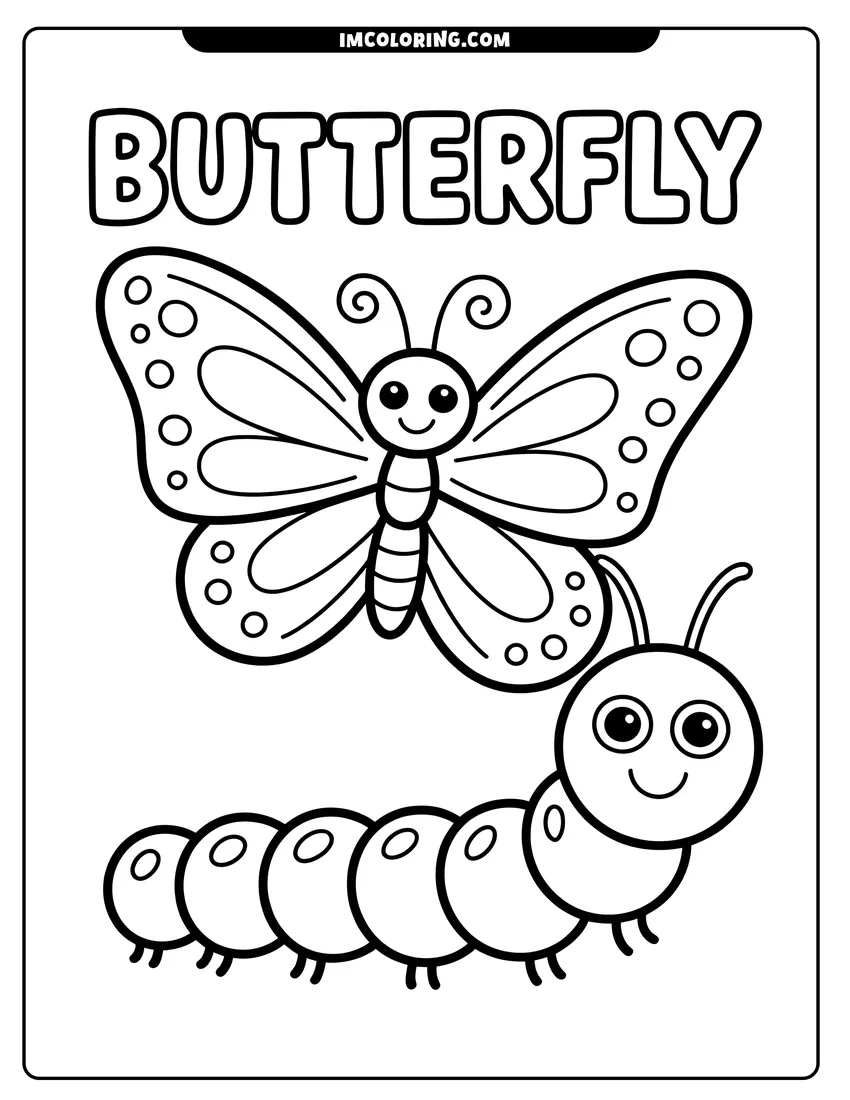 Free to print drawing of A cute butterfly with patterned wings flying above a smiling caterpillar with large eyes and a round body