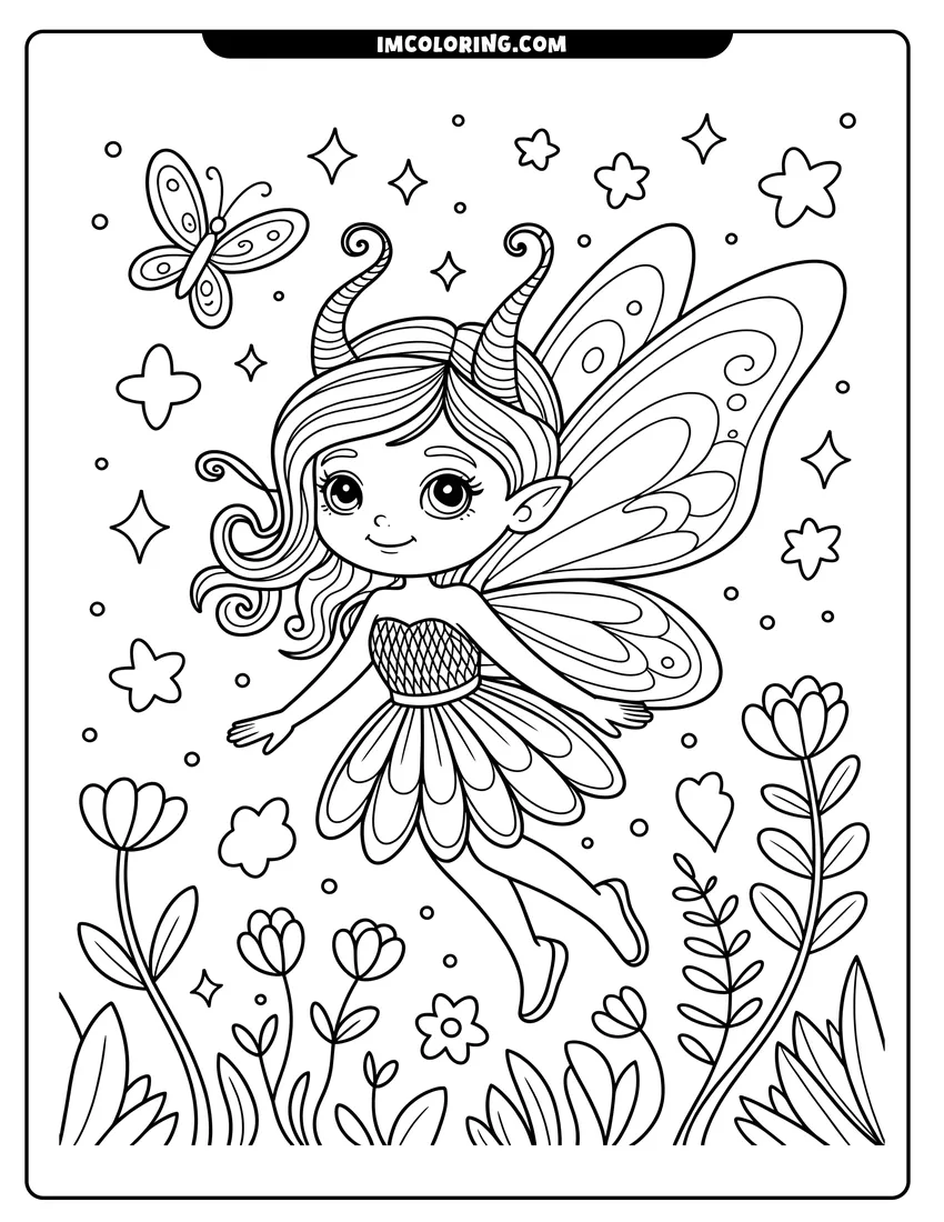 Coloring sheet featuring A cute butterfly fairy flying over garden flowers surrounded by stars and a small butterfly friend