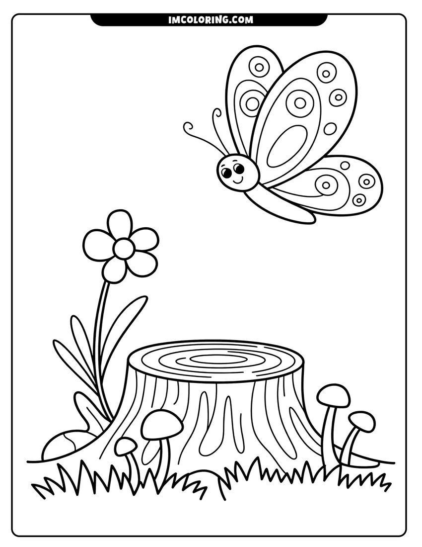 Coloring page for kids: A smiling cartoon butterfly flying above a tree stump with a flower and several small mushrooms nearby