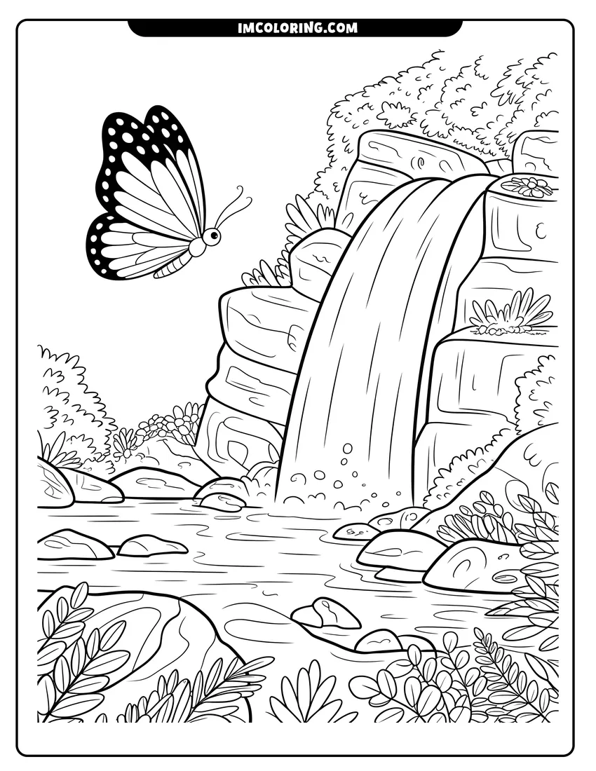 Printable line art of A large butterfly with patterned wings flying toward a splashing waterfall surrounded by rocks and lush plants